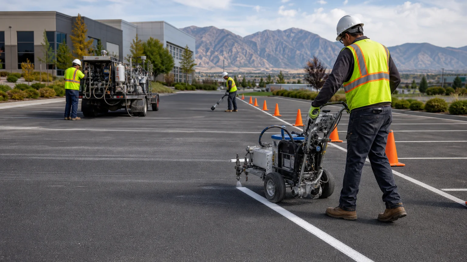 Parking Lot Striping crew working in a controlled Magna, Utah pavement area