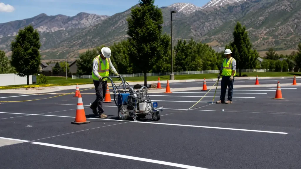 Parking Lot Striping crew working in a controlled Mapleton, Utah pavement area