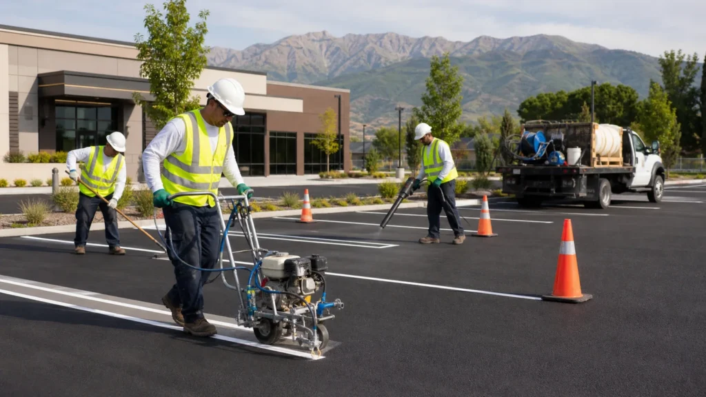 Parking Lot Striping crew working in a controlled Midvale, Utah pavement area