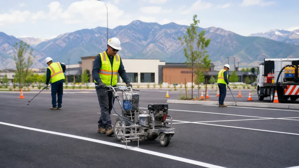 Parking Lot Striping crew working in a controlled Murray, Utah pavement area