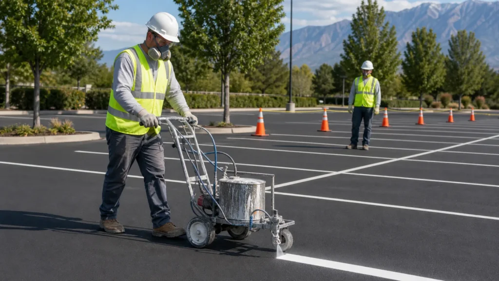 Technician applying straight parking stall lines in a controlled Orem Utah lot