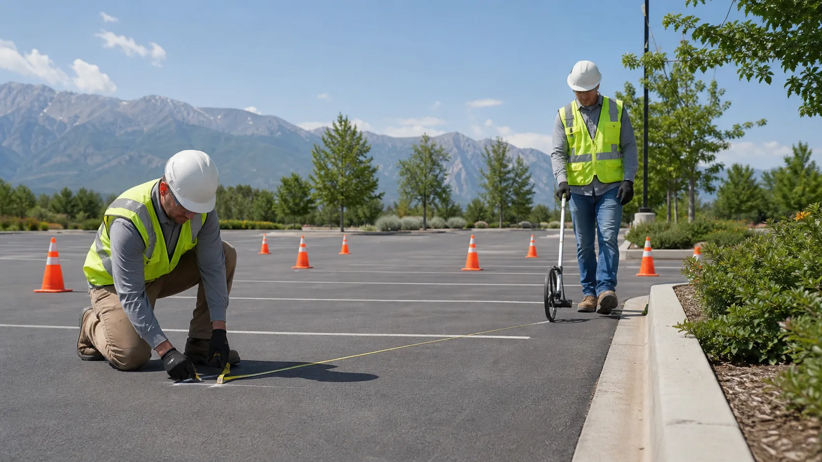 Technicians checking parking layout control points before striping in Orem Utah