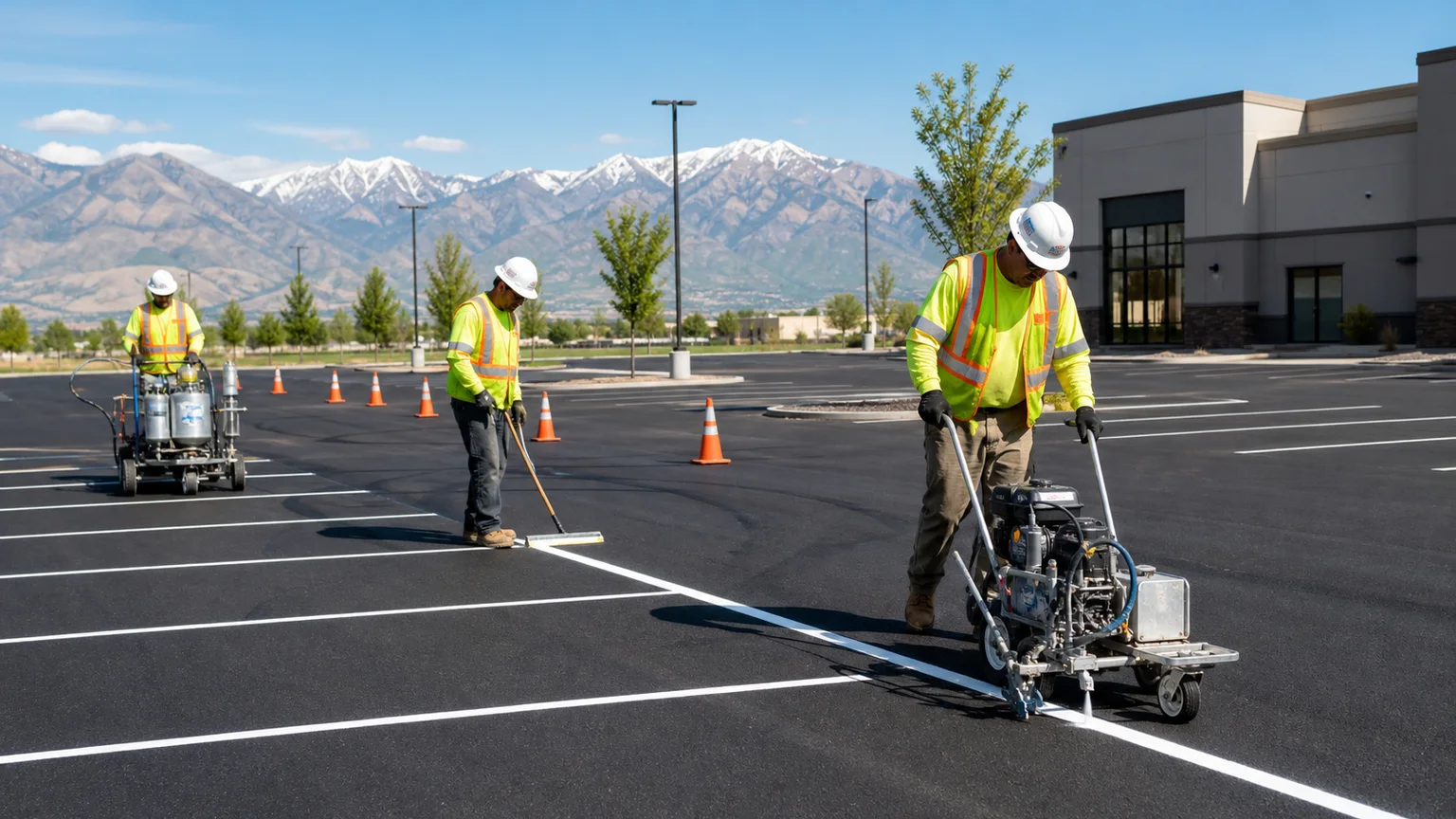 Parking Lot Striping crew working in a controlled Payson, Utah pavement area