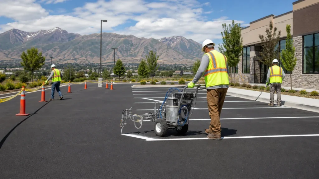 Parking Lot Striping crew working in a controlled Pleasant Grove, Utah pavement area