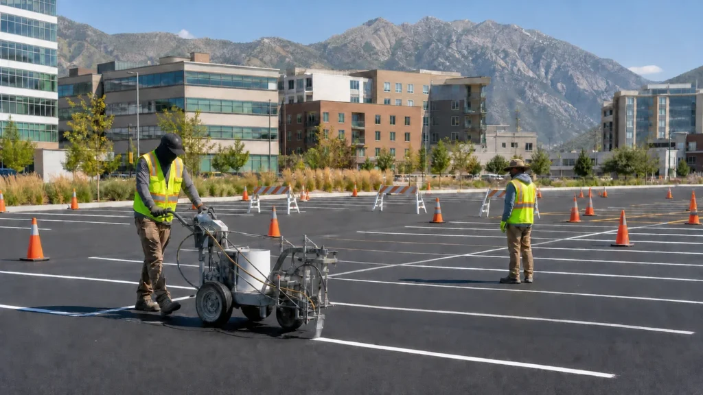 Crew applying straight parking stall lines in a controlled Provo Utah office lot