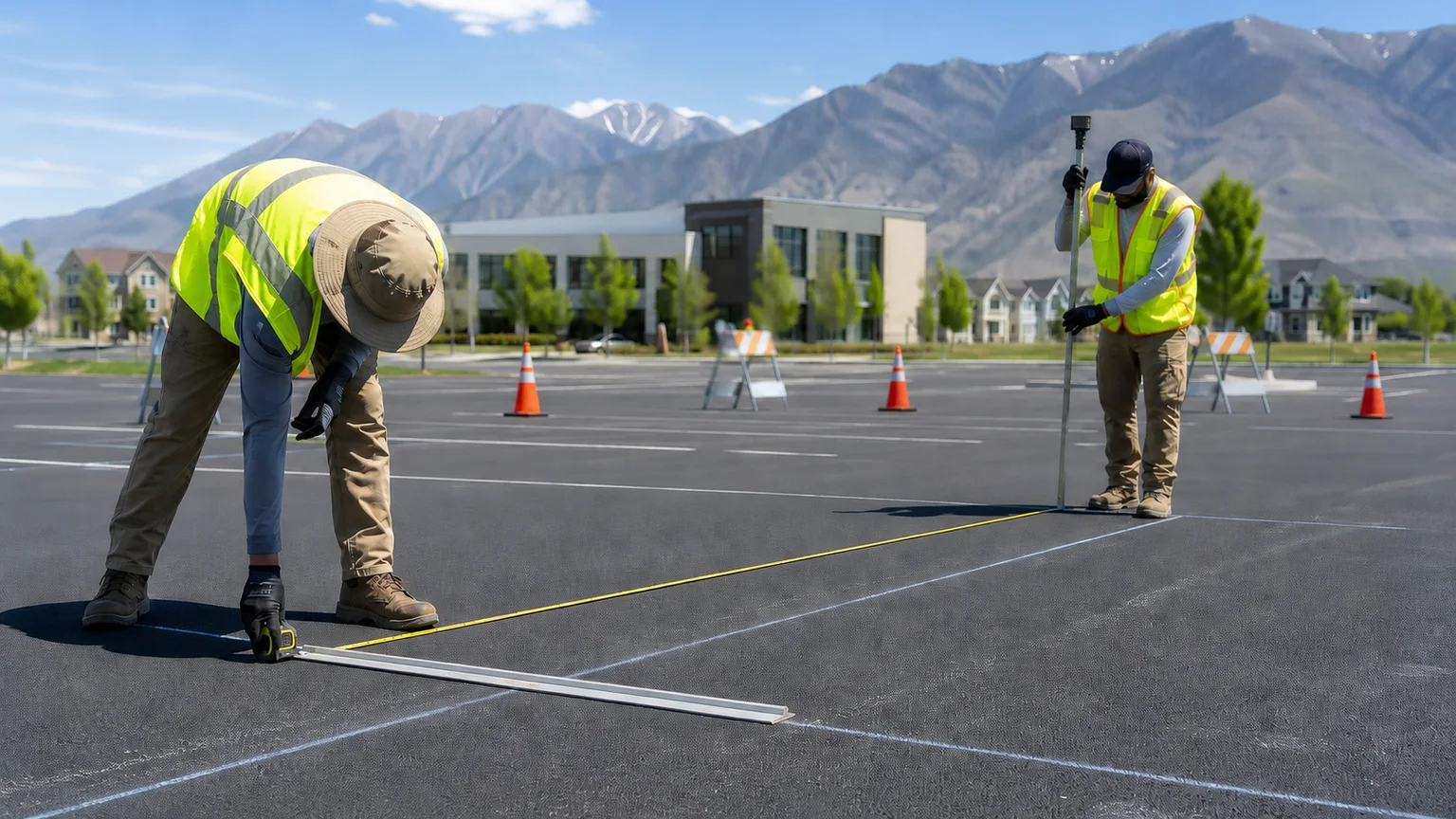 Technicians checking parking layout control points before striping in Provo Utah
