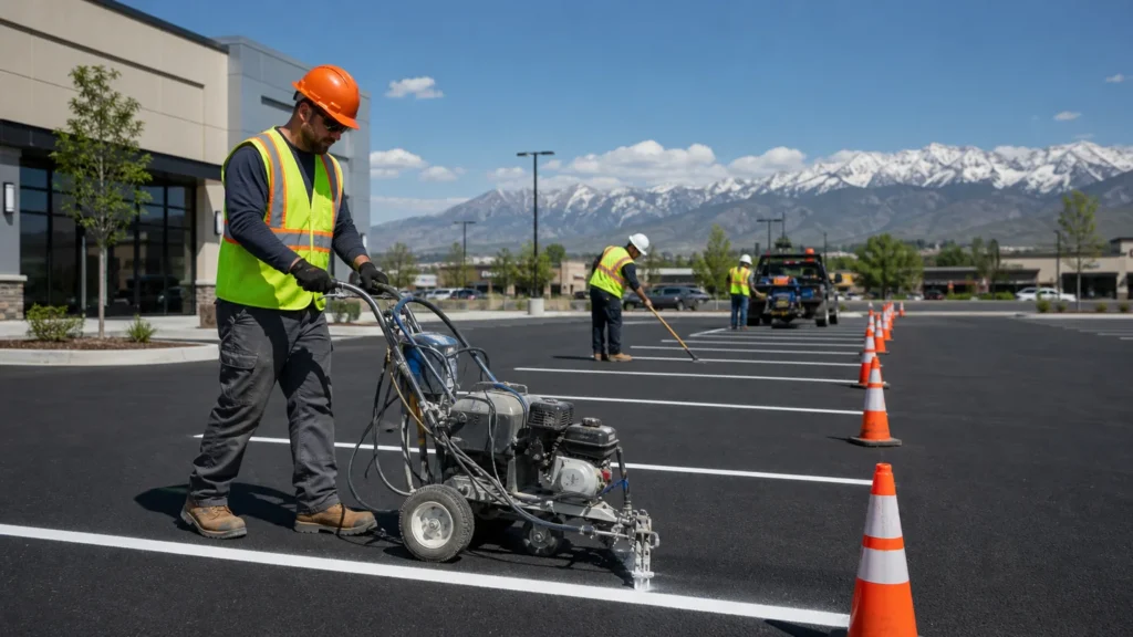 Parking Lot Striping crew working in a controlled Riverton, Utah pavement area