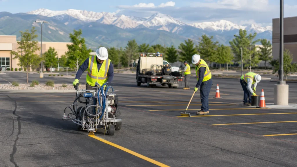 Parking Lot Striping crew working in a controlled Salt Lake City, Utah pavement area