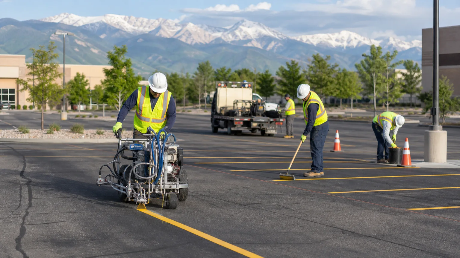 Parking Lot Striping crew working in a controlled Salt Lake City, Utah pavement area