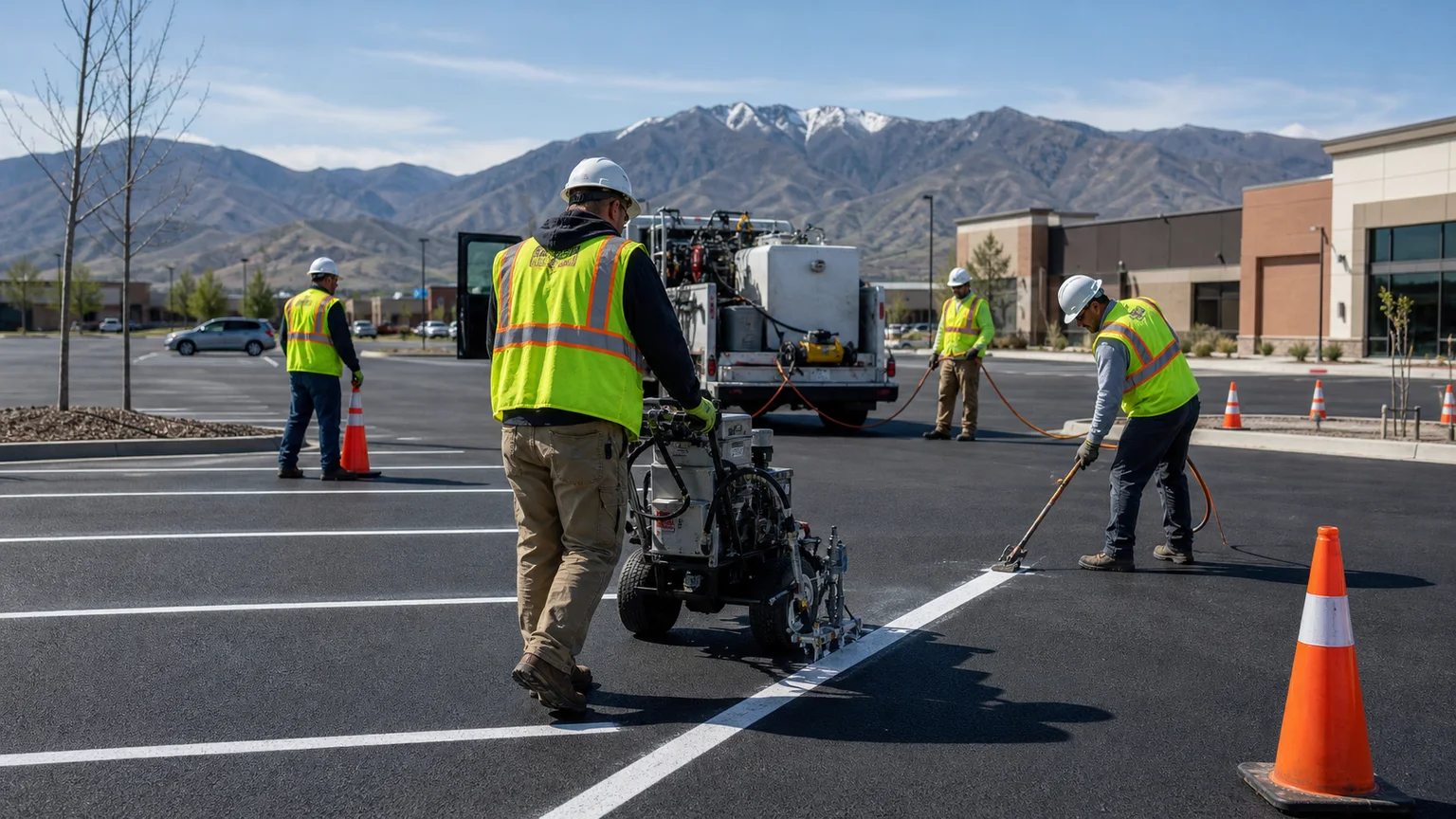 Parking Lot Striping crew working in a controlled Sandy, Utah pavement area