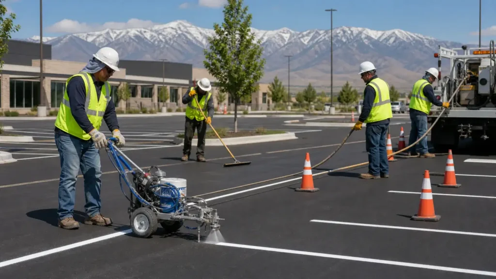 Parking Lot Striping crew working in a controlled Santaquin, Utah pavement area