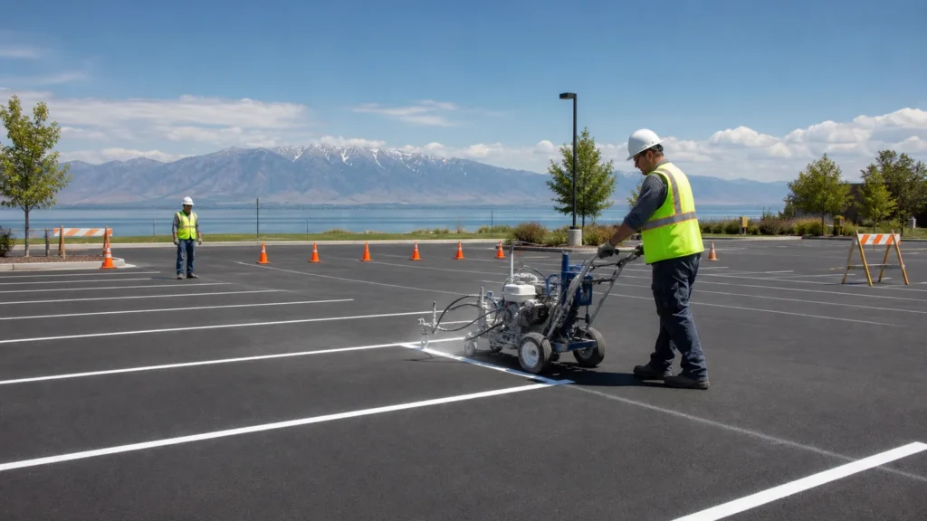 Crew applying straight parking stall lines in a controlled Saratoga Springs Utah lot