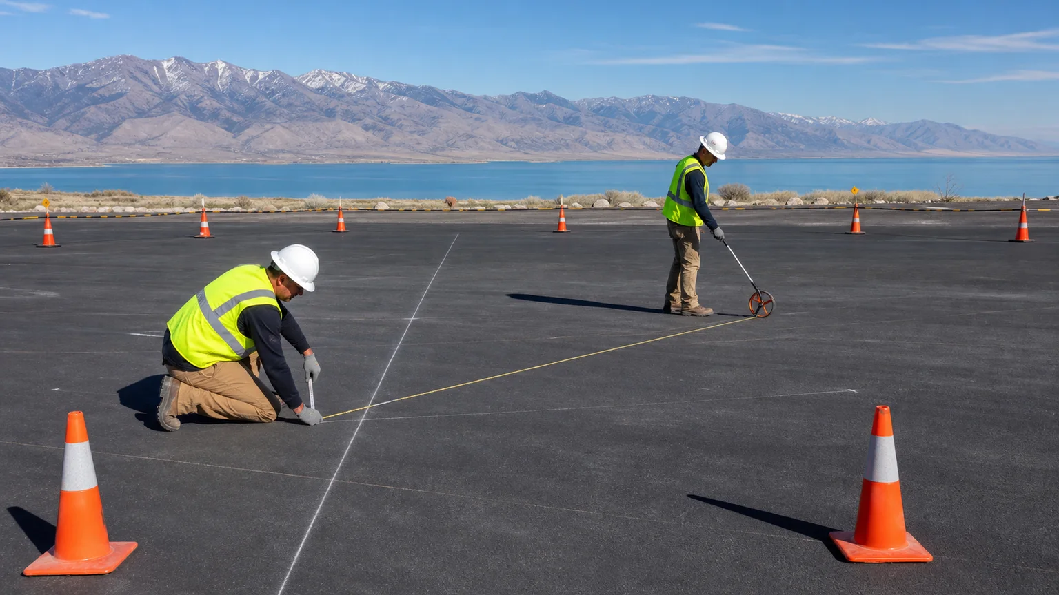 Technicians checking parking layout control points before striping in Saratoga Springs Utah
