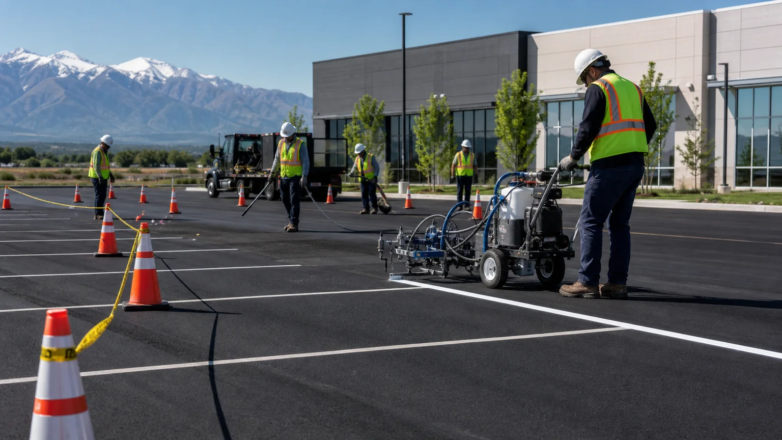 Parking Lot Striping crew working in a controlled South Jordan, Utah pavement area