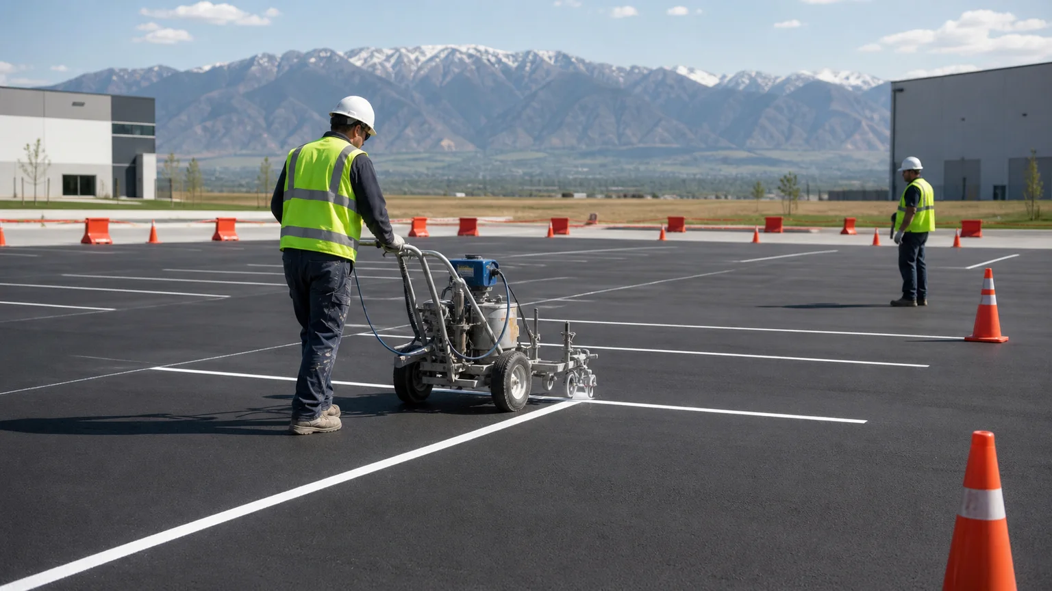 Crew applying straight parking stall lines in a controlled Spanish Fork Utah office lot