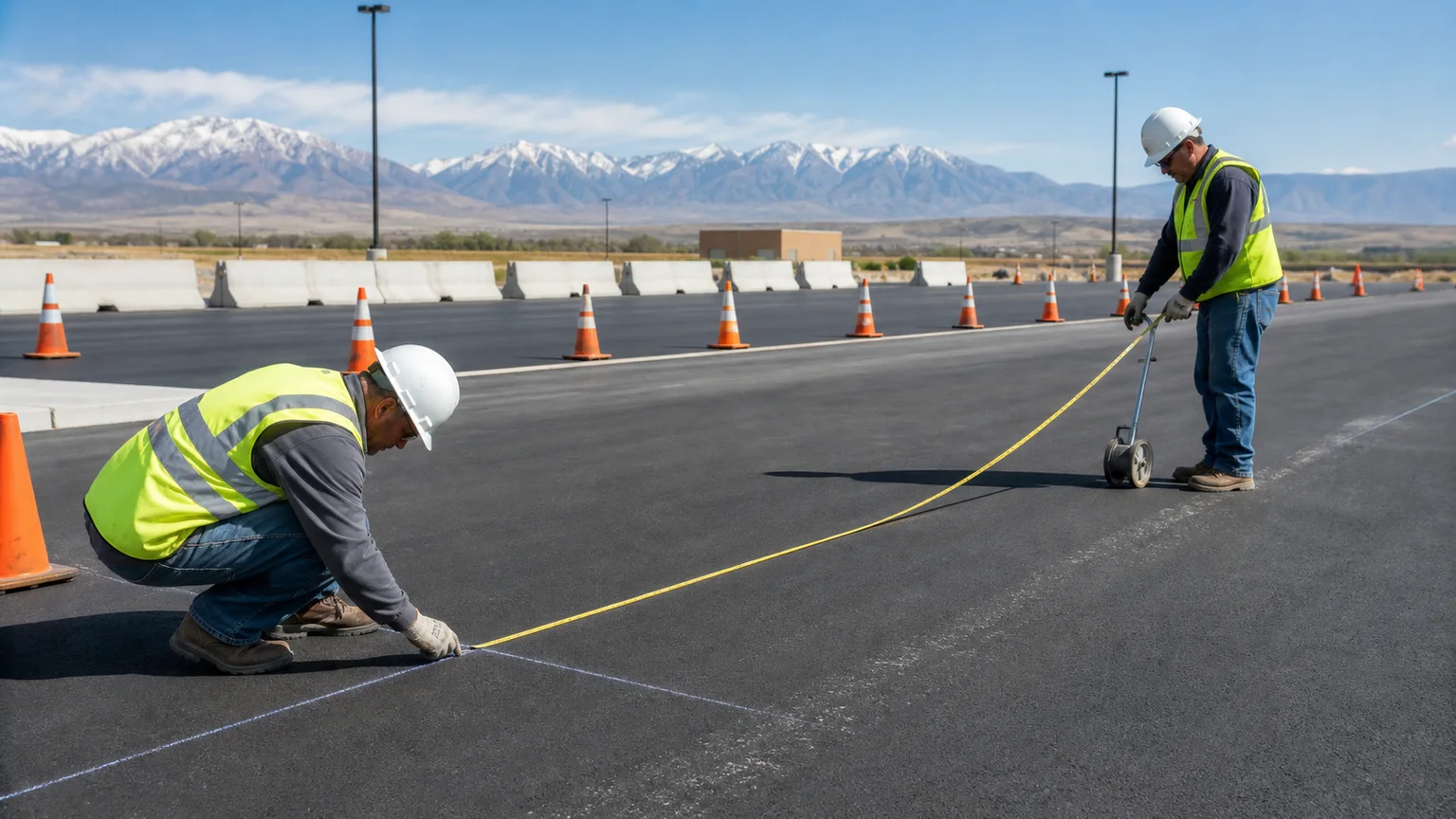 Technicians checking parking layout control points before striping in Spanish Fork Utah