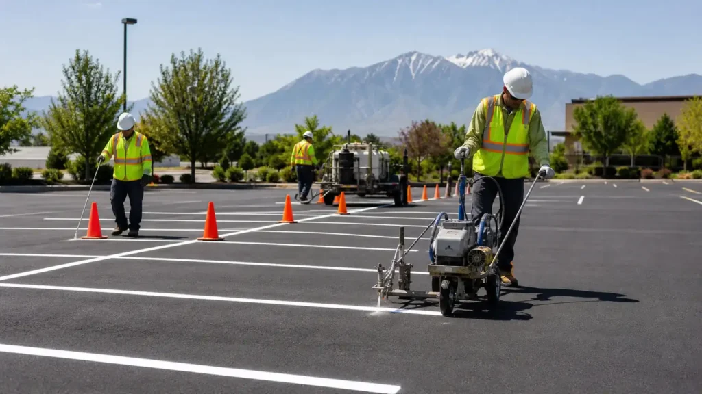 Parking Lot Striping crew working in a controlled Spring Lake, Utah pavement area