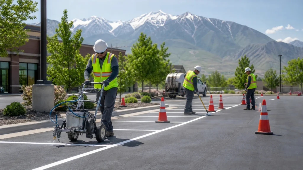 Parking Lot Striping crew working in a controlled Springville, Utah pavement area
