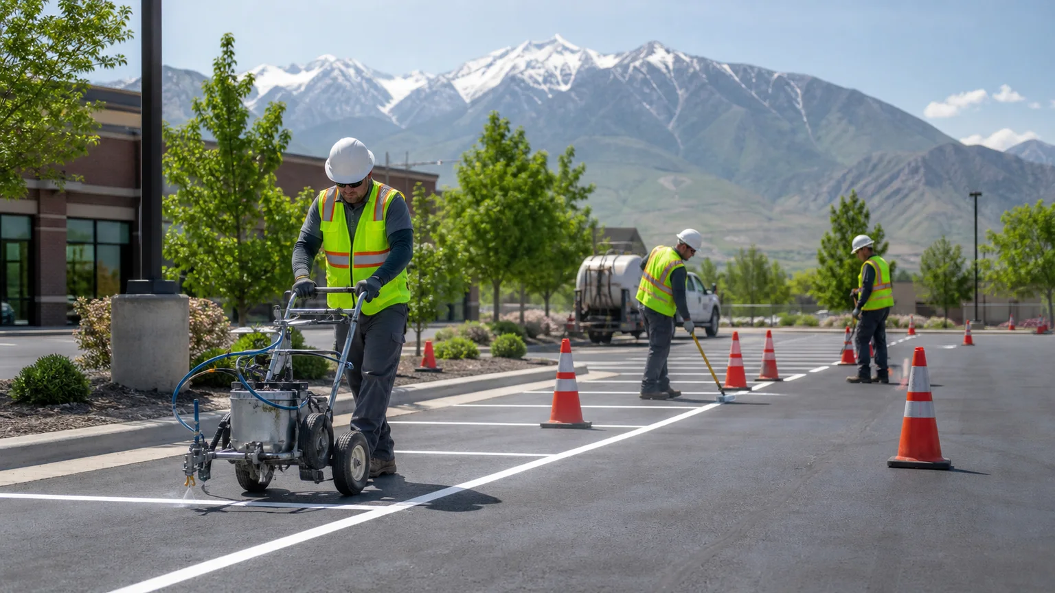 Parking Lot Striping crew working in a controlled Springville, Utah pavement area