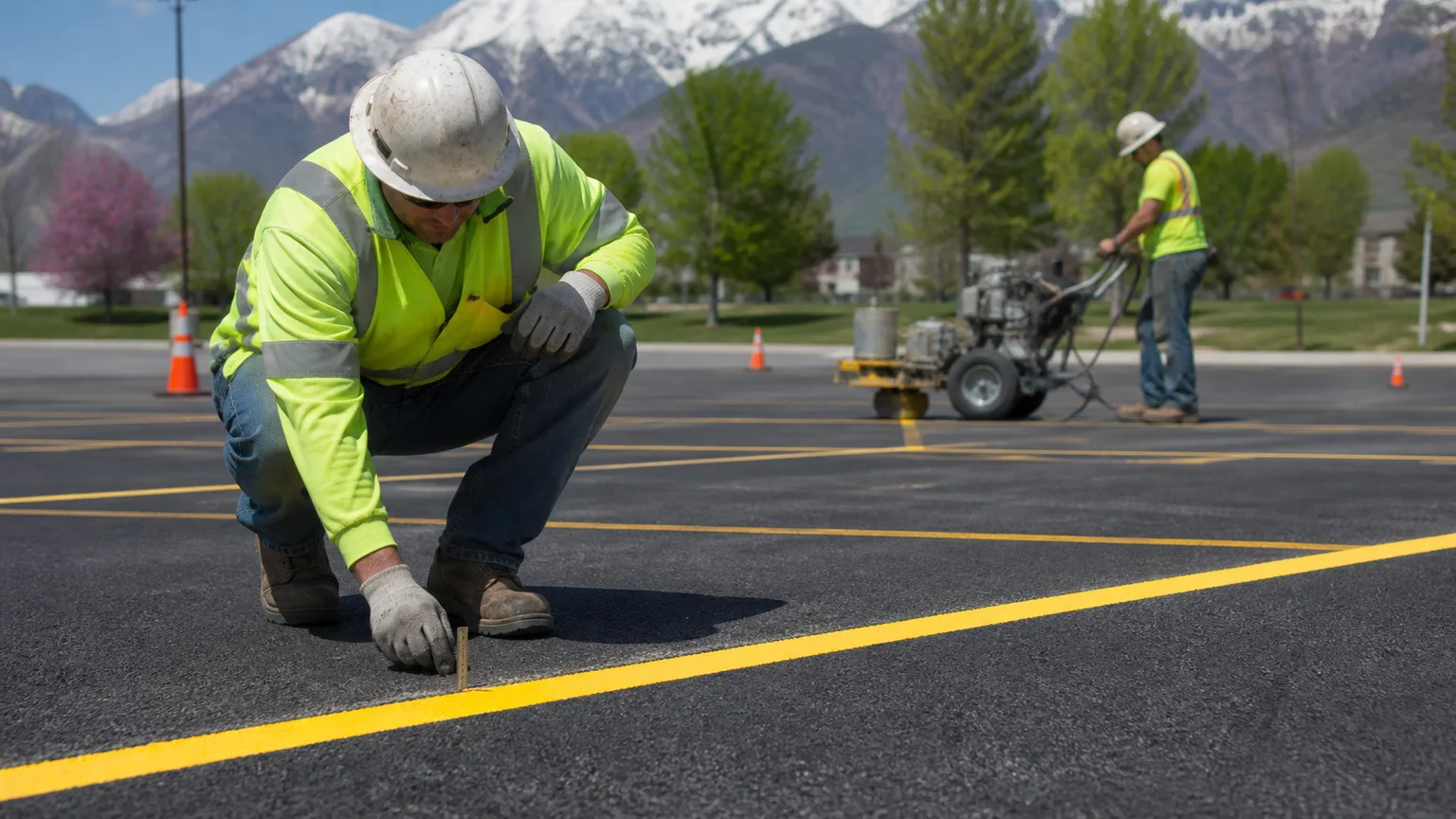 Quality-control step for parking lot striping in Springville, Utah