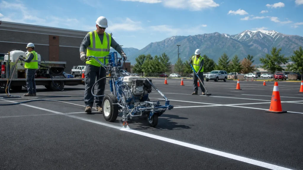 Parking Lot Striping crew working in a controlled Taylorsville, Utah pavement area