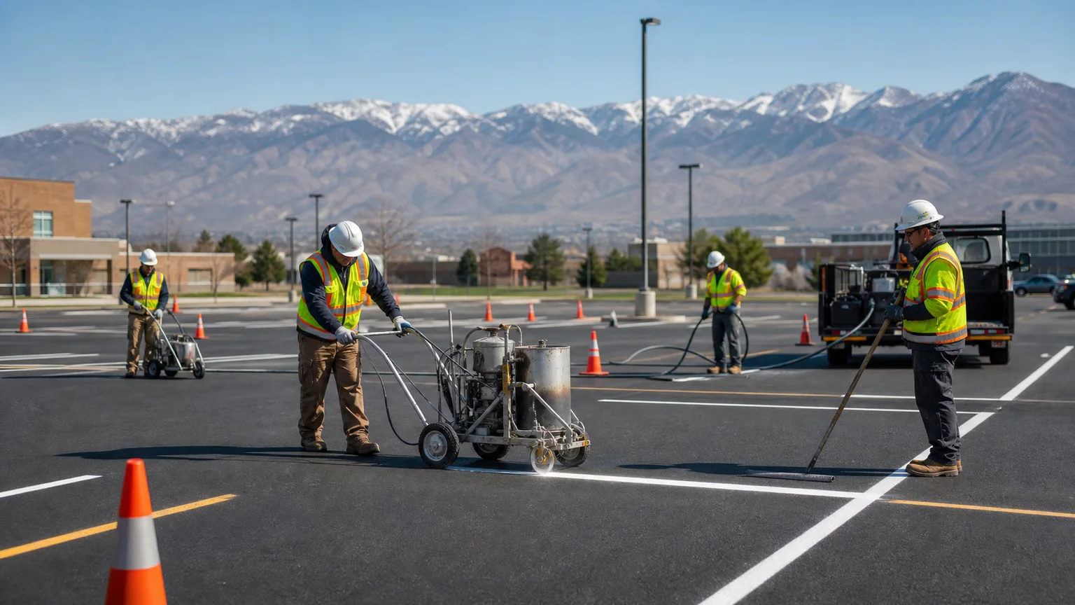 Parking Lot Striping crew working in a controlled West Jordan, Utah pavement area