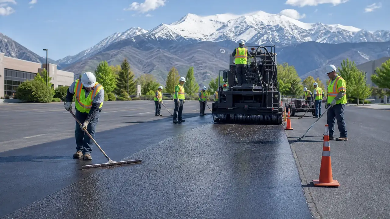 Pavement Maintenance crew working in a controlled Alpine, Utah pavement area