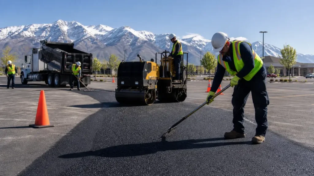 Pavement Maintenance crew working in a controlled American Fork, Utah pavement area