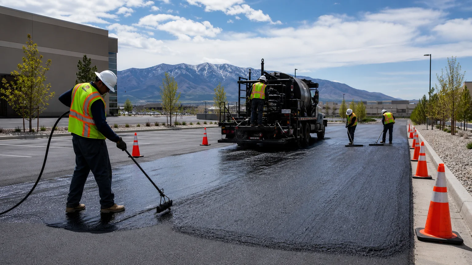 Pavement Maintenance crew working in a controlled Eagle Mountain, Utah pavement area
