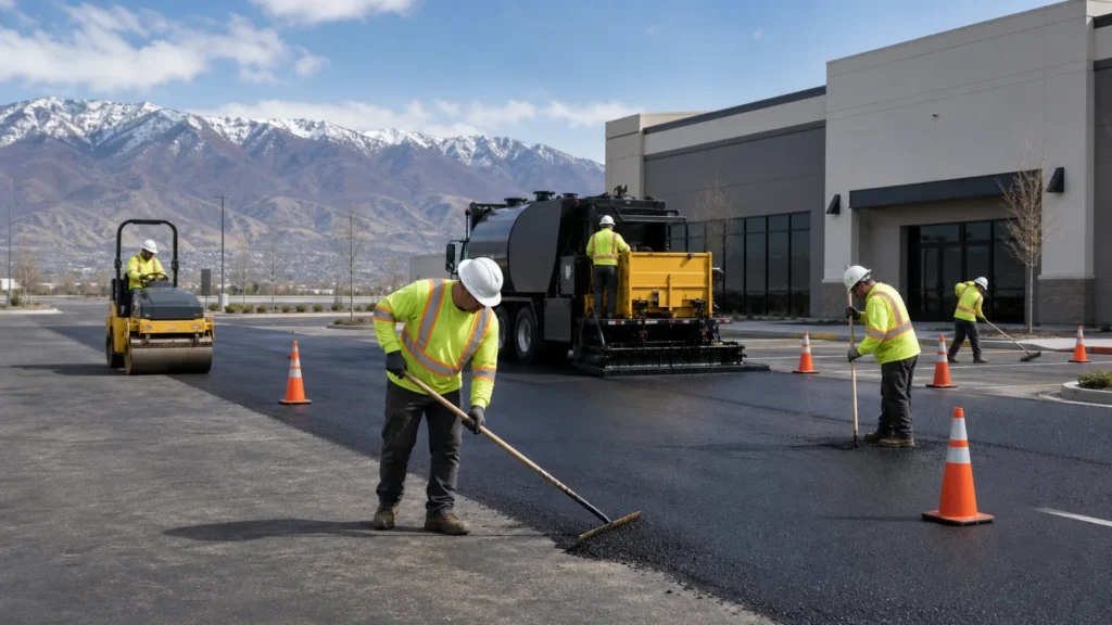 Pavement Maintenance crew working in a controlled Fairfield, Utah pavement area