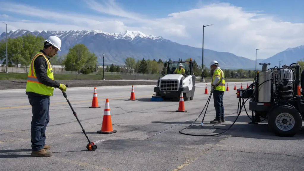 Pavement Maintenance crew working in a controlled Lindon, Utah pavement area