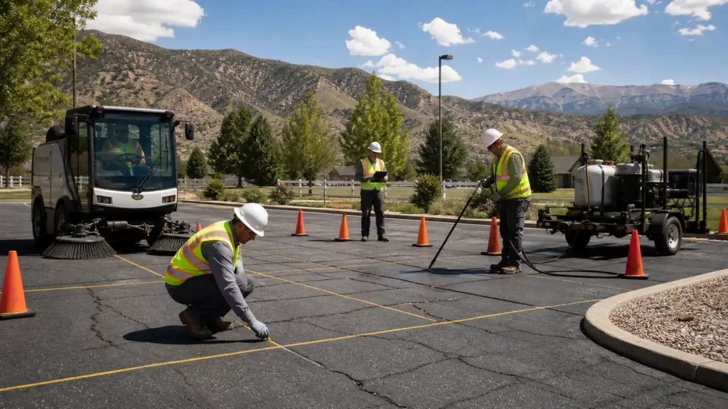 Pavement Maintenance crew working in a controlled Mapleton, Utah pavement area