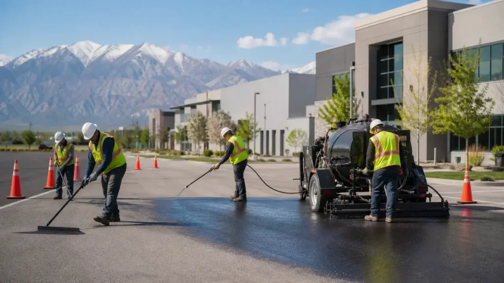 Pavement Maintenance crew working in a controlled Pleasant Grove, Utah pavement area