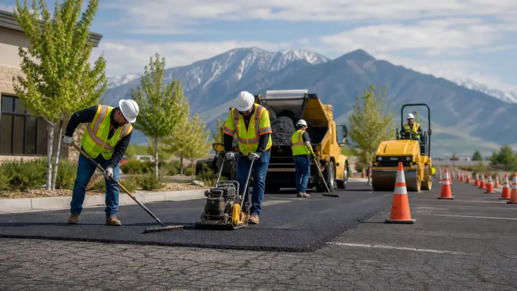 Pavement Maintenance crew working in a controlled Santaquin, Utah pavement area