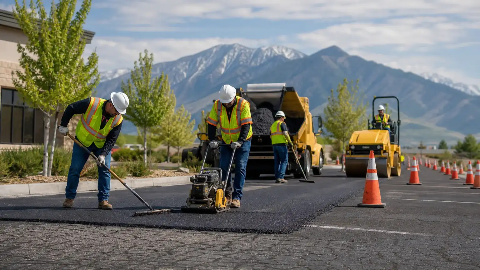 Pavement Maintenance crew working in a controlled Santaquin, Utah pavement area