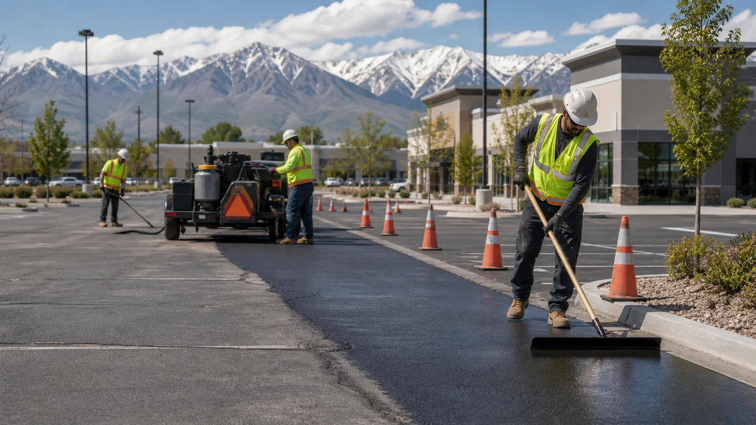 Pavement Maintenance crew working in a controlled South Jordan, Utah pavement area