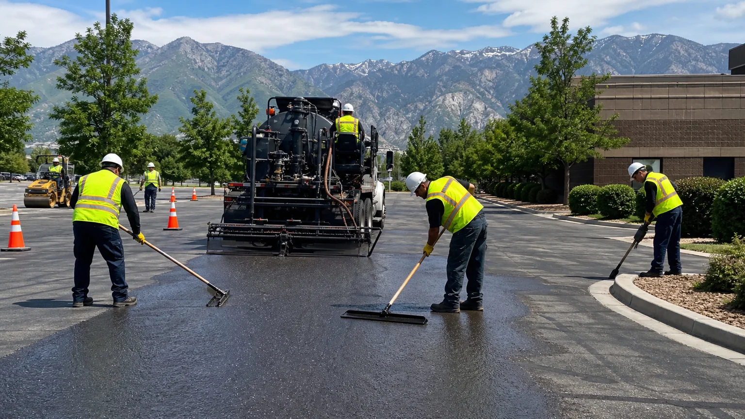 Pavement Maintenance crew working in a controlled Spanish Fork, Utah pavement area