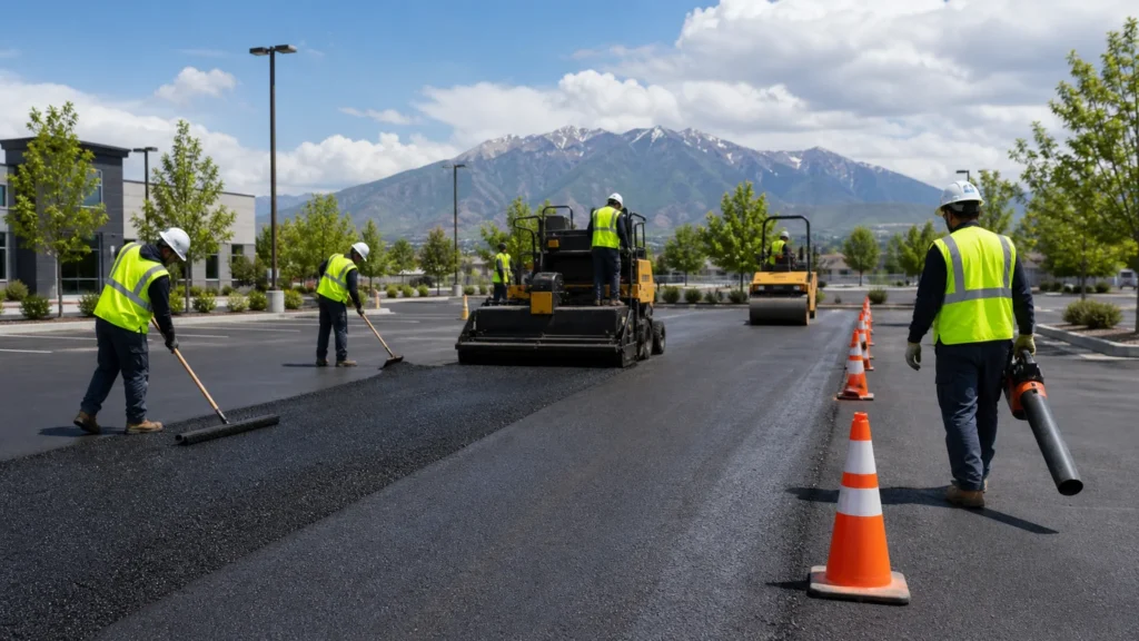 Pavement Maintenance crew working in a controlled West Jordan, Utah pavement area