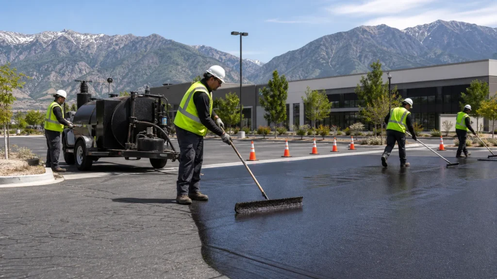 Sealcoating crew working in a controlled Alpine, Utah pavement area