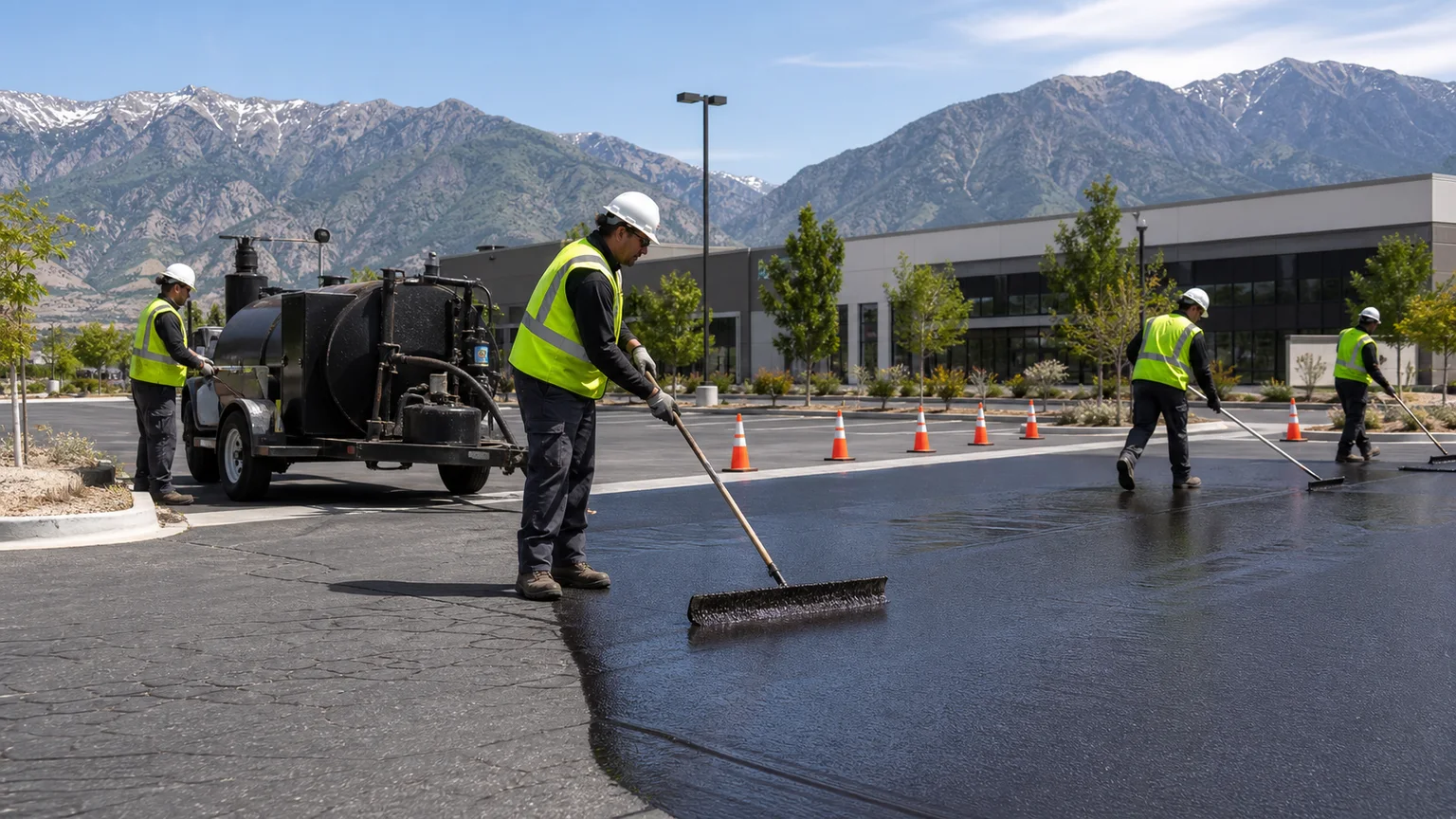Sealcoating crew working in a controlled Alpine, Utah pavement area