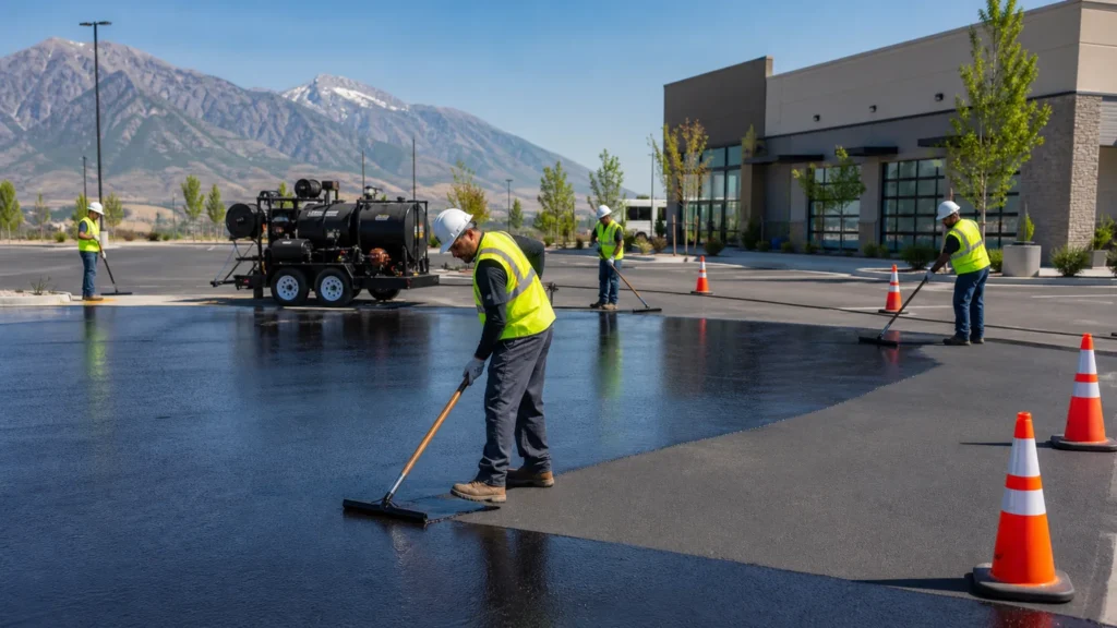 Sealcoating crew working in a controlled American Fork, Utah pavement area