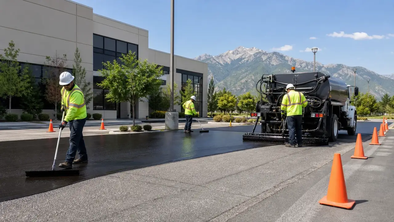 Sealcoating crew working in a controlled Bluffdale, Utah pavement area