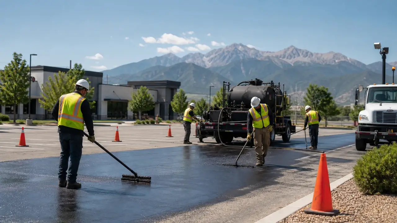 Sealcoating crew working in a controlled Cedar Fort, Utah pavement area