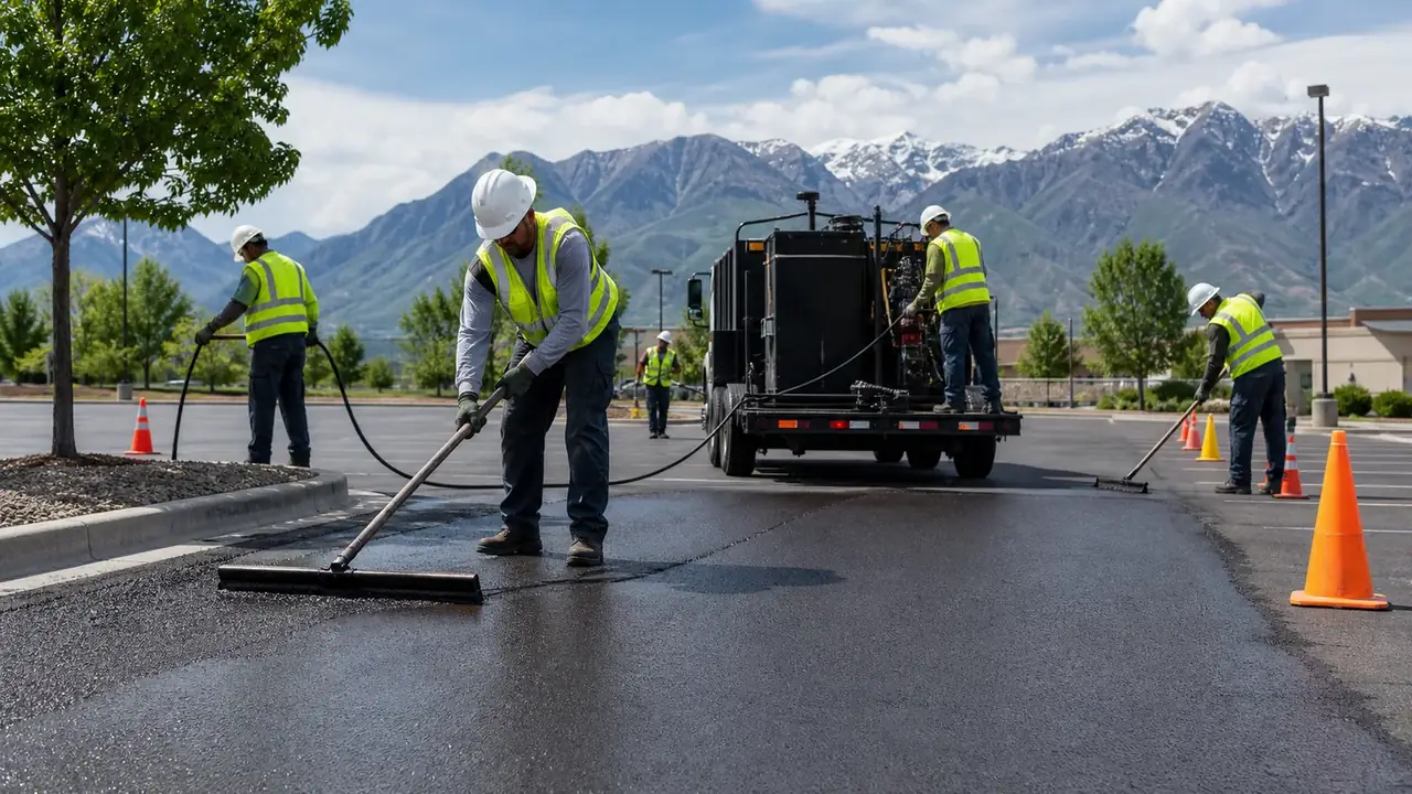 Sealcoating crew working in a controlled Cedar Hills, Utah pavement area
