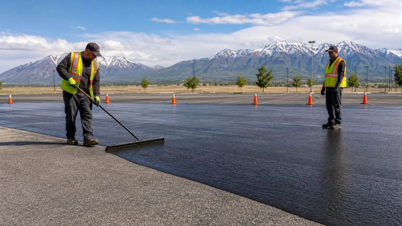 Professional sealcoating crew applying an even coat in Draper, Utah