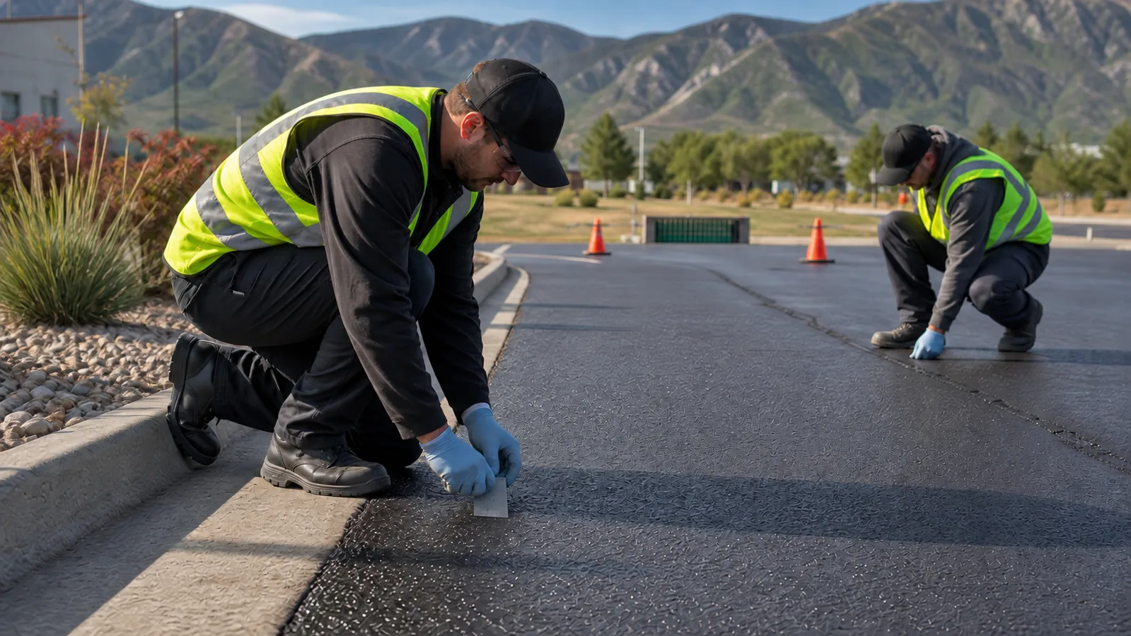 Technicians checking sealcoat coverage and crack treatment in Draper, Utah
