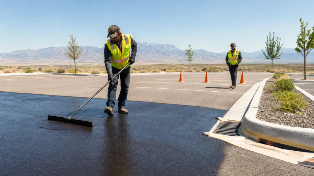 Crew applying sealcoat to a parking court in Eagle Mountain, Utah