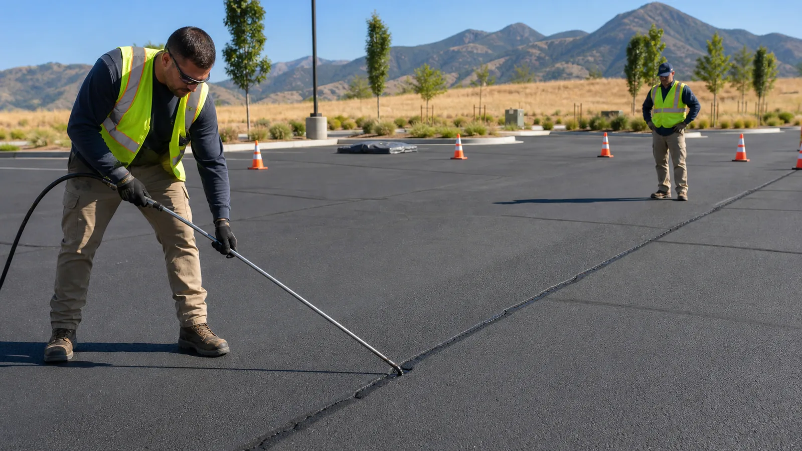 Technician cleaning a crack before sealcoating in Eagle Mountain, Utah