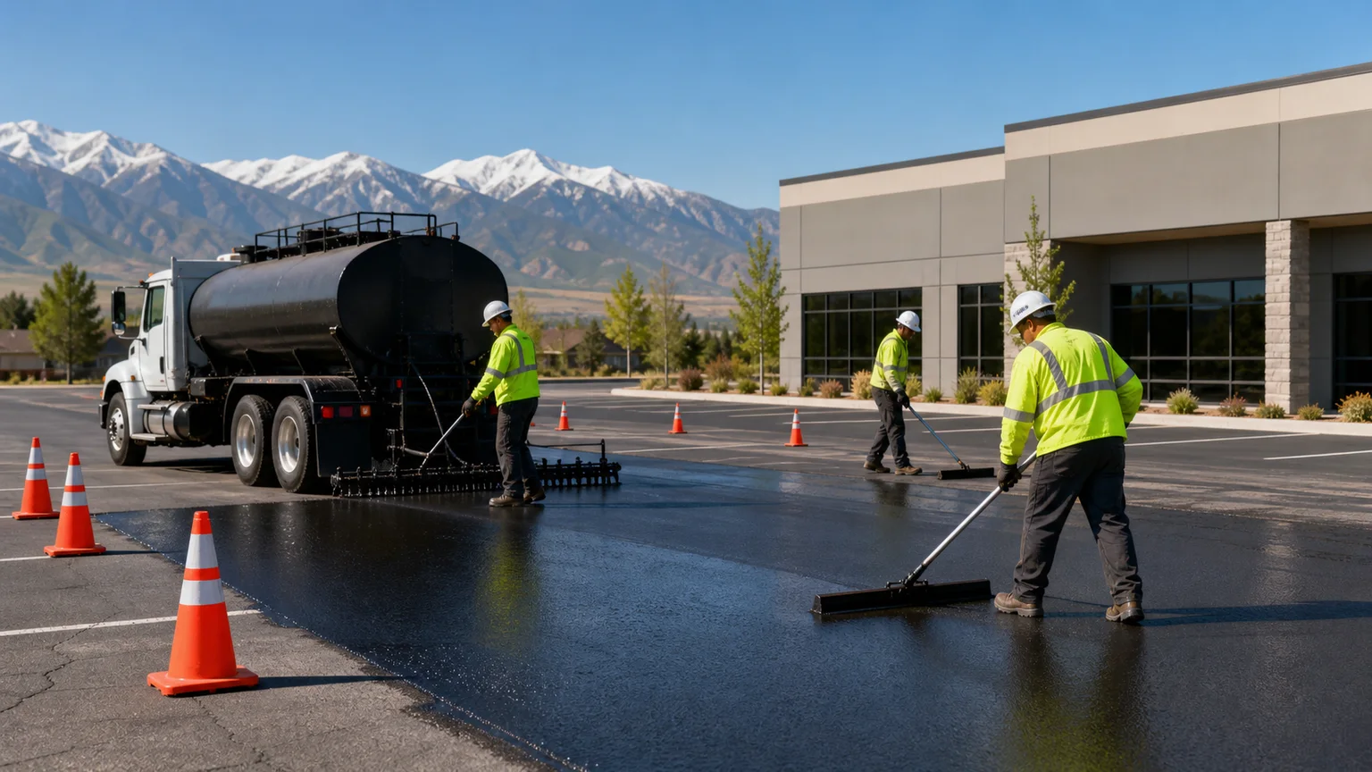 Sealcoating crew working in a controlled Elk Ridge, Utah pavement area