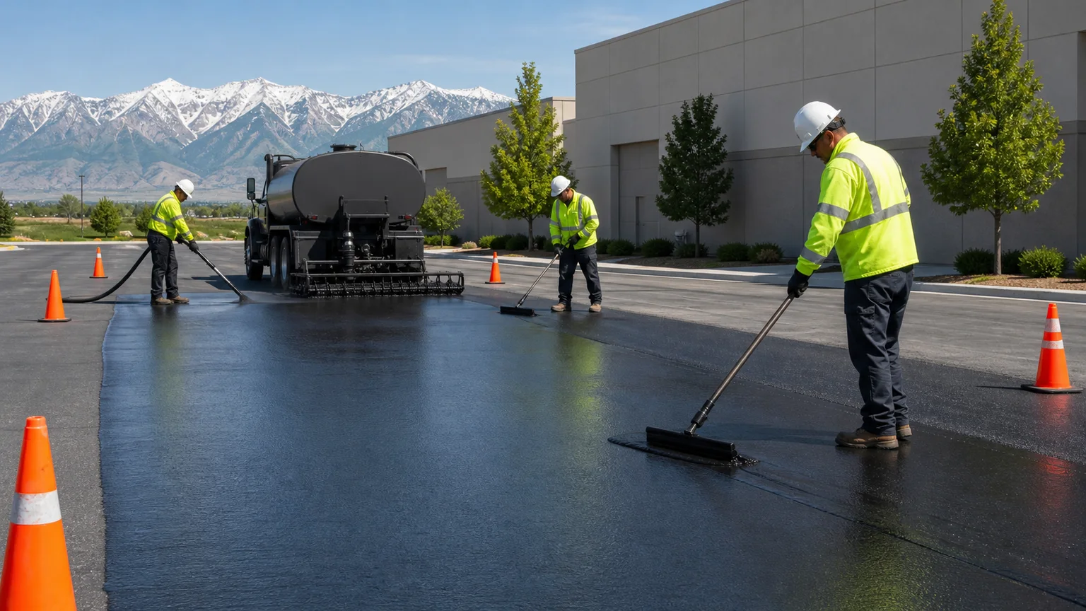 Sealcoating crew working in a controlled Fairfield, Utah pavement area
